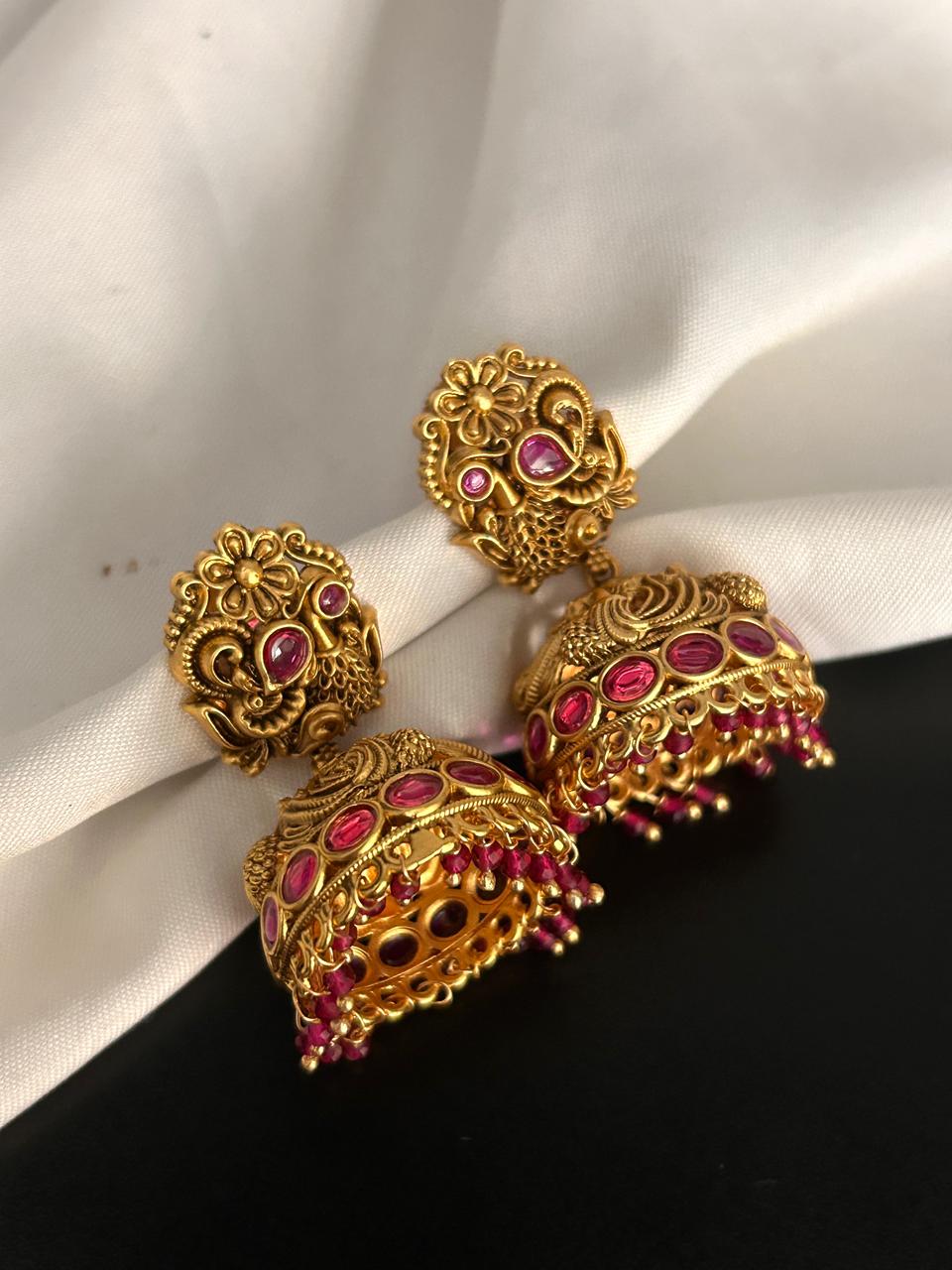 Antique Ruby Stone Peacock Jhumka Earrings